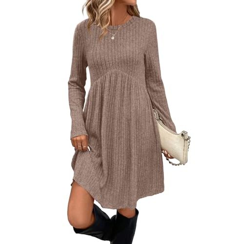 OFEEFAN Long Sleeve Dress for Women Crew Neck Empire Waist Tunic Dress with Pockets