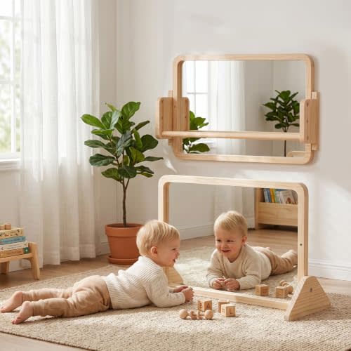 3-in-1 Montessori Mirror with Pull Up Bar for Babies Adjustable Toddler Mirrors & Standing Support Non-Shatter Acrylic Mirror for Tummy Time Nursery Wall Mount Natural Wood Frame for 6-18 Months