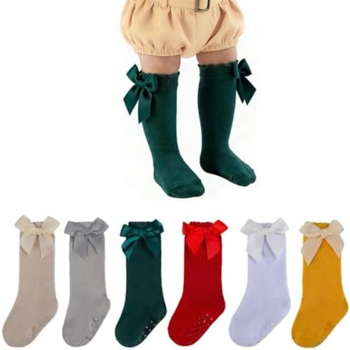 Baby Knee High Socks Toddler Non Slip Stockings Cotton Bow Ruffle Newborn Long Socks Infant Dress Sock 6 Pair
