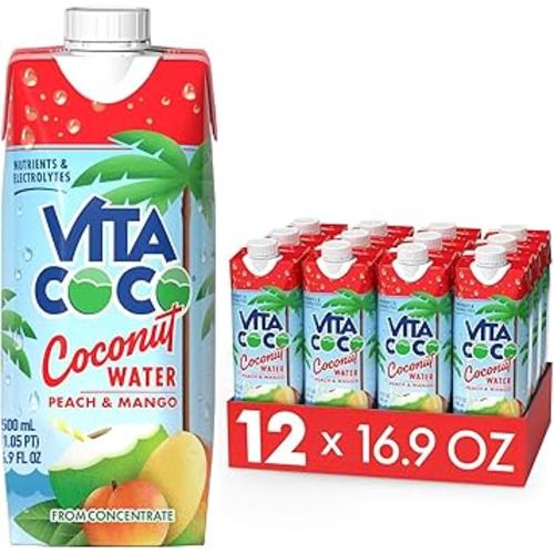 Vita Coco Coconut Water, Peach & Mango - Naturally Hydrating Electrolyte Drink - Smart Alternative to Coffee, Soda, and Sports Drinks - Gluten Free - 16.9 Fl Oz (Pack of 12)