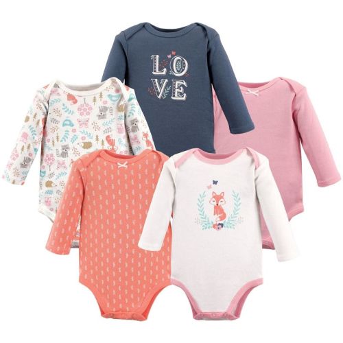 Hudson Baby Infant Girl Cotton Long-Sleeve Bodysuits 5pk, Woodland Fox, 3-6 Months