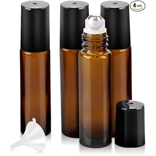4 Pack Essential Oil Roller Bottles, 10ml Refillable Amber Glass Roller Bottles with Stainless Steel Roller Balls and Caps for Travel, Perfume and Lip Gloss