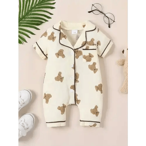 Infant's Soft Cotton Muslin Bear Pattern Bodysuit, Casual Short Sleeve Onesie, Baby Boy's Clothing