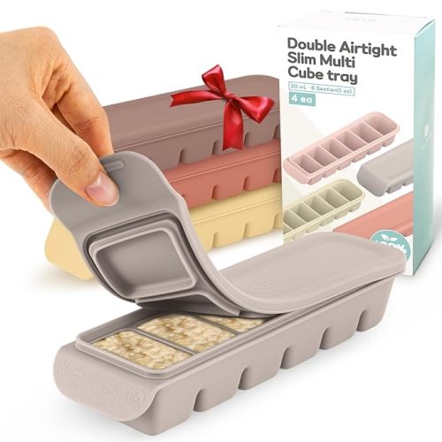 Silicone Ice Cube Freezer Tray with Lid, 100% Food-Grade Platinum Silicone,Leak Resistance & Dishwasher Safe for Baby Food Prep,Breast Milk,Purees - Korean Made (4 Sets 1.7 oz/4 Sections)