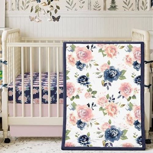 Hahafelt 3 Pcs Navy and Pink Floral Crib Bedding Set for Girl