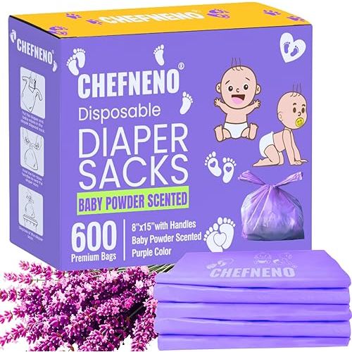 Baby Disposable Diaper Sacks (600 ct.) Fresh Baby Powder Scented, Easy-To-Tie Tabs, Diaper Disposal Bulk Diaper Sacks Dog Poop Bags Cat Litter Waste Bags Sanitary Pads Disposal Bags (600 Bags, Purple)