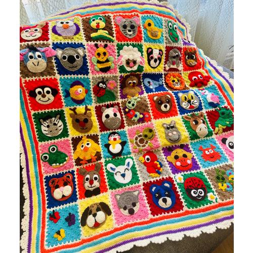 Colorful Animal Granny Square Baby Blanket | Handmade Crochet Zoo Blanket |  Cotton Nursery Blanket | Unique Baby Shower Gift