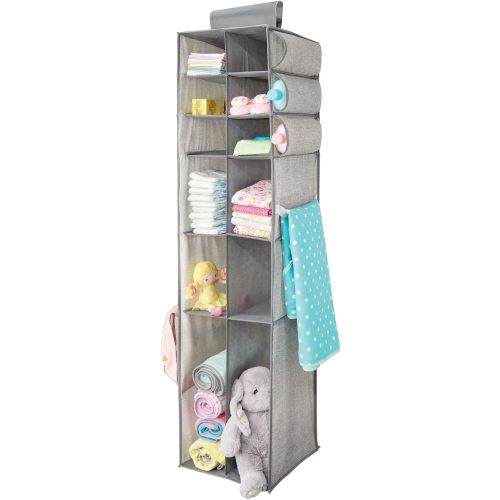 mDesign Long Fabric Hanging Organizer - Over Closet Rod Storage with 12 Shelves and Side Pockets for Baby Nursery Bedroom Organization - Hold Clothes, Linens, Toys, Accessories, Lido Collection, Gray