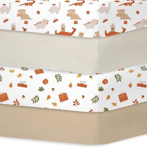 Bimocosy Crib Sheets 4 Pack, Baby Crib Sheets Fitted for Boys and Girls Breathable & Snug Fit, Soft Toddler Bed Sheets for Standard Crib Mattress Nursery Daycare Essentials, Autumn Dinos