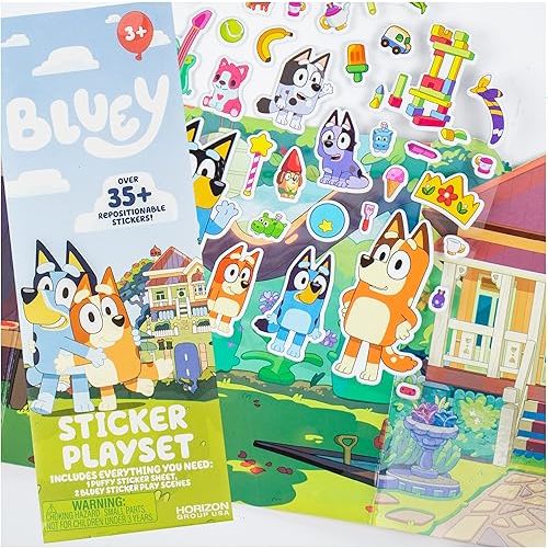 Bluey Sticker Playset, 2 Sticker Play Scenes, 35+ Reusable Puffy Bluey Repositionable Stickers for Kids, Perfect for Travel, Screen-Free Fun
