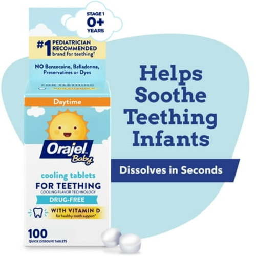 Orajel Baby Teething Cooling Tablets, for Relief of Painful Swollen Gums, 100 Quick Dissolve Tablets