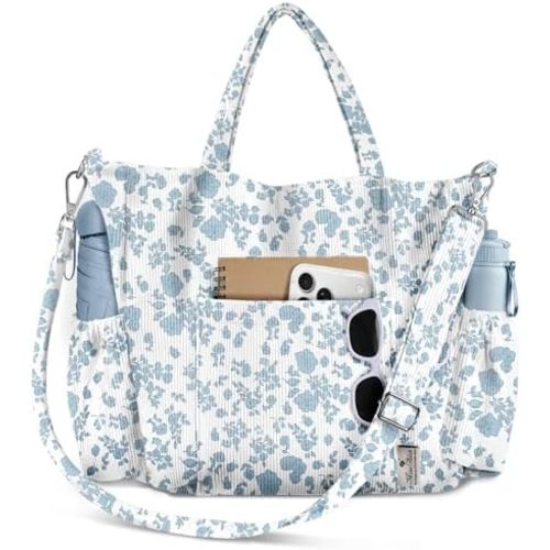 Miss Adola Crossbody Corduroy Tote Bag for Women, Large Tote Bag with Multi-Pockets and Zipper for Travel Work