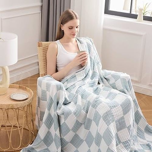 EMME Checkered Throw Blanket Cotton for Couch Soft Muslin Bamboo Blankets 50"x60" Lightweight Breathable Soft Blanket All Season Gauze, Teal