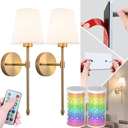 slywise Peel and Stick Wall Sconces, Stick On Wall Sconce Set of 2, Battery Operated Wireless Adhesive Wall Lights, Corn Bulb with 10000mAh Battery, Easy Install for Bedroom Living Room Wall Decor