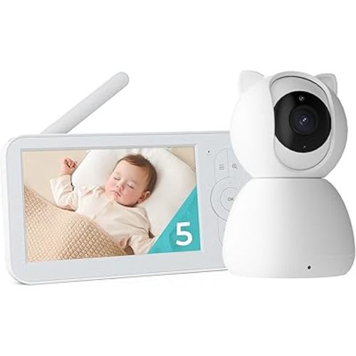 hazen No WiFi Baby Monitor with Camera and Audio, 5" Screen, 30-Hour Battery Life, Pan-Tilt-Zoom Camera, Night Vision, VOX, 2-Way Talk, 8 Lullabies, 1000ft Range, Baby Essentials, White