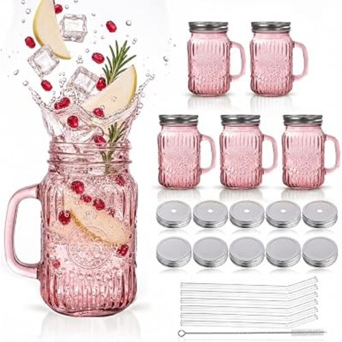 DaYammi 16 oz Mason Jars with Lids and Straws, 6 Pack Pink Vintage Drinking Glasses, Leak Proof Iced Coffee Cups for Daily Use & Party
