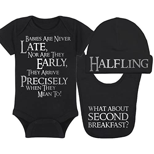 LOTR Baby Onesie, Hat and Bib - Babies Are Never Late, Nor Are They Early - Halfling - What About Second Breakfast (0-3 Month - Black Fabric - Silver Design)