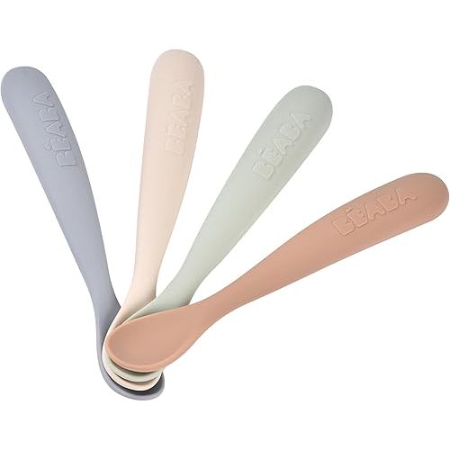 BEABA First Stage Baby Feeding Spoon Set, The Original Soft Tip Silicone Spoons for Babies, Gum Friendly BPA Lead Phthalate and Plastic Free, Great Gift Set (4 Pack), Natural