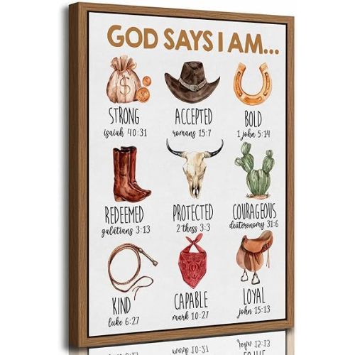 Framed Christian Nursery Canvas Wall Art God Says I Am Inspirational Bible Verses Western Cowboy Painting Pictures Wall Decor Posters Prints Artwork for Kids Girls Bedroom Playroom Baby Room