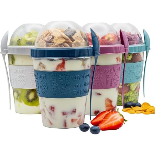 4 Pcs Yogurt Parfait Cups Breakfast On The Go Reusable Plastic Containers With Lids And Spoons Take And Go Yogurt Cup With Topping Cereal Or Oatmeal Leak-proof Colorful Bowls