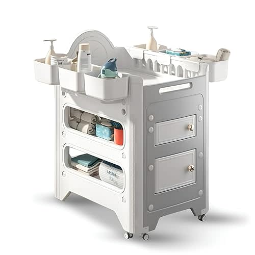 Changing Table with Storage & Adjustable Height, Baby Changing Table, Portable Changing Table, Diaper Changing Station, Baby Changing Station, Easy Assembly Baby Diapering & Bathing