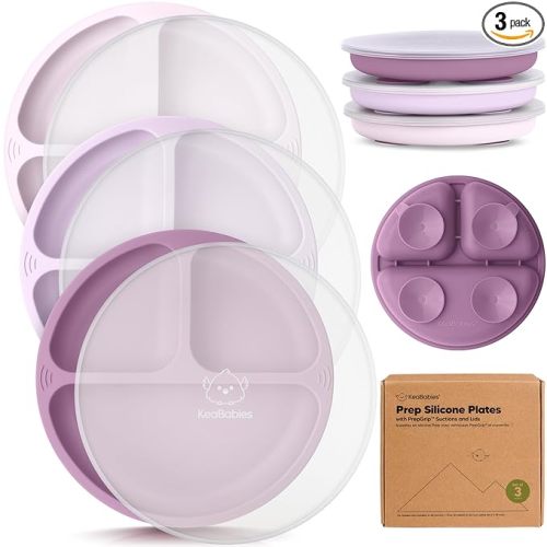 KeaBabies Silicone Baby Plates with Suction, Lids - 3-Pack Silicone Plates for Toddlers, Kids, Divided, BPA-Free Baby Led Weaning, Toddler Feeding Essentials, Dishwasher, Microwave Safe (Amethyst)
