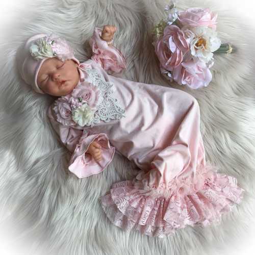 Pink Lace Newborn Gown, Baby Girl Coming Home Outfit, Hand-Made Chiffon Flower Detail