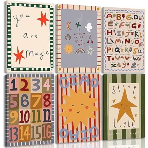 6 Pcs Colorful Kids Room Wall Art Digital Letter Educational Wall Decor Prints Boho Colorful Stripes Paintings Artwork Star Sun Pictures for Nursery School Home Decoration 8x10in Canvas Framed