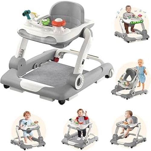 5-in-1 Baby Walker with Wheels, Baby Walkers for Boys Girls 6-18 Months, Foldable Adjustable Walker with Bouncer, Feeding Tray, Music & Detachable Footrest(Grey)
