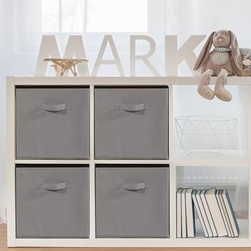11x11 Storage Bins, Set of 4 Storage Cubes, Collapsible Cube Storage Bins, Fabric Closet Organizers with Handles for Home, Office, Closet Shelf Cabinet, Bookcase, Grey
