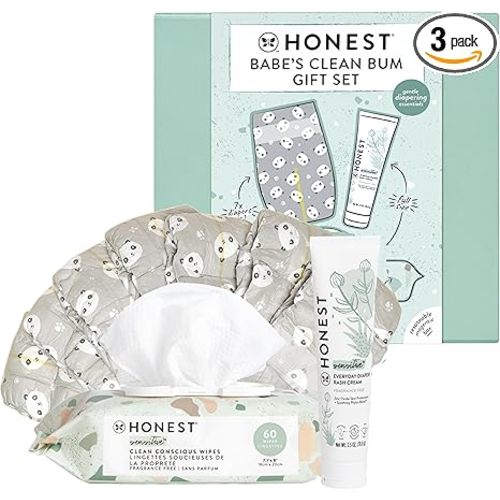 The Honest Company Babe's Clean Bum Gift Set, Diapering and Newborn Essentials 99% Water Wipes 60 ct Diaper Rash Cream 2.5 oz Conscious Diapers Size 1