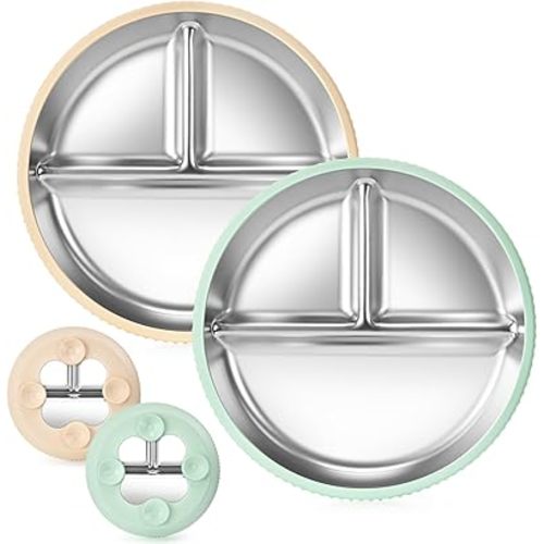 2-Pack Stainless Steel Kids’ Plates with Suction Bases, 8.26" Divided Toddler Plates with Removable Silicone Sleeves, Non-Slip, BPA-Free, Dishwasher Safe (Green & Beige)​