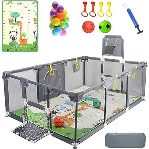 Upgrated Baby Playpen with Mat, Playpen for Babies and Toddlers, Large Playpen with Mat, Sport Playpen, Play Pen with Accessories, Baby Play Yards, PlayPen Indoor & Outdoor Activity, Sturdy Kids