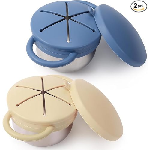 2 Pack Stainless Steel Spill Proof Snack Cup for Baby Toddlers Kids, with Silicone Food Catcher, Travel Lid, Spill-Proof Bowl Containers, Non Toxic BPA Free (Morandi Blue and Off-white)