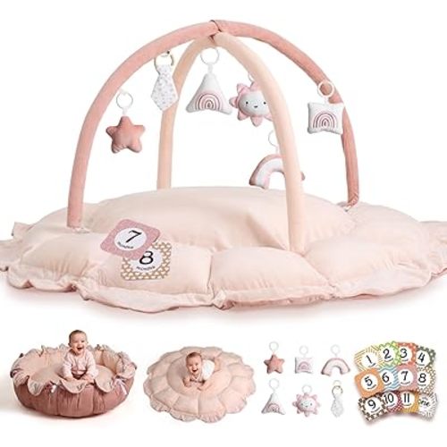 Mallify 5-in-1 Thick Plush Baby Play Gym Mat, Tummy Time Mat with 6 Sensory Toys, Baby Play Mat, Convertible Baby Gym for Stage-Based Development from Babies to Toddlers, Baby Essentials Gift, Pink