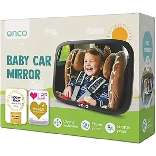 Onco Baby Car Mirror Rear Facing - Double Award-Winning Convex Car Mirror for Baby, 100% Shatterproof & Shakeproof with 360° Rotation, Newborn Essentials (9.6 x 6.9 in)