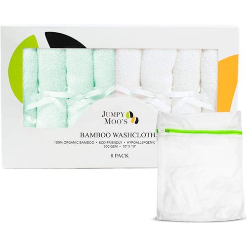 JM Baby Washcloths - 100% Bamboo 10x10 Inch, Ultra Thick & Absorbent, Gentle on Delicate Skin, Premium Baby Face Cloth, Debarbouillette Pour Bébé, Giftbox & Laundry Bag Included 8 Pack, Green & White