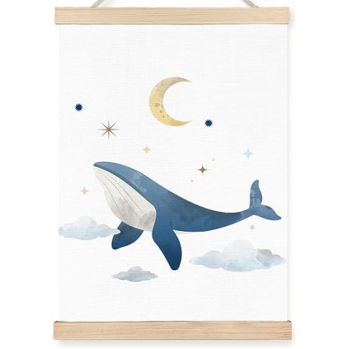 PQKIY Whimsical Whale Ocean Nursery Wall Art Poster Hanger Frame 12x16 in, Fantasy Celestial Ocean Animal Wall Decor Canvas Prints for Nursery Toddler Boys Kids Room Bedroom Playroom