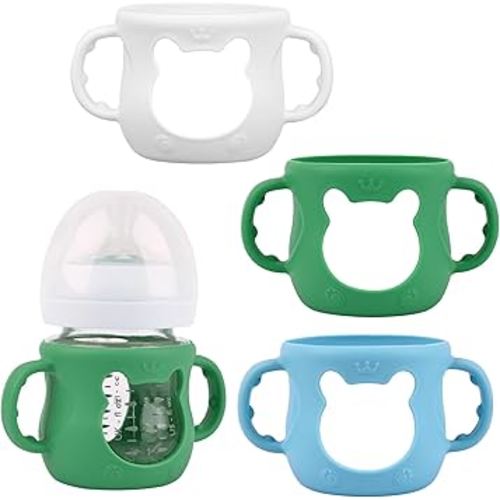 3 Pack Silicone Sleeves for Avent Natural Glass Baby Bottles, Anti Breakage Baby Bottle Sleeves with Handles, Compatible Philips Avent Glass Natural Baby Bottle 4 oz(White+Blue+Green)