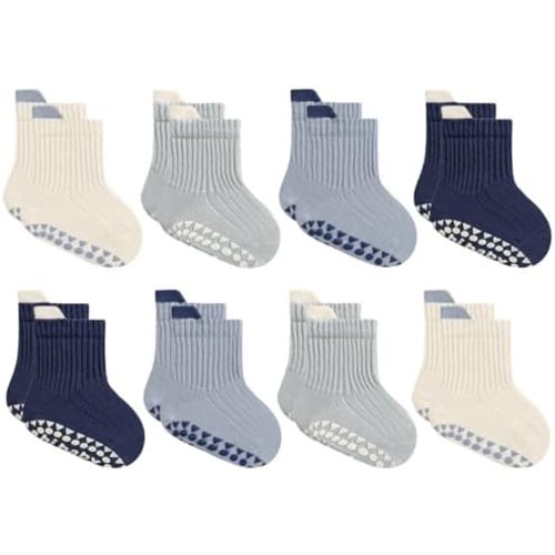 Toddler Non Slip Socks with Grips, 8 Pairs Cotton Ankle Socks for Baby Boys Girls Infants Kids 0-5 Years Old
