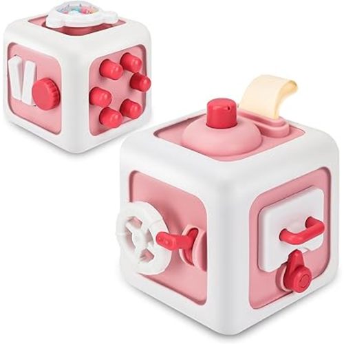 Toys for 1 Year Old Boy Girl, Montessori Busy Board Busy Cube, Travel Toys for Toddlers 1-3, 1 Year Old Girl Boy Gifts, Pink