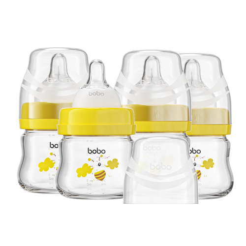 YOHKOH 2.7oz Newborn Glass Baby Bottle Sets,Wide-Neck,Slow Flow,for 0 m+,4-Pack,Yellow