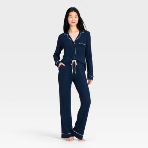 Women's Cozy Ribbed Notch Collar Long Sleeve Shirt and Pants Pajama Set - Auden™ Navy Blue S