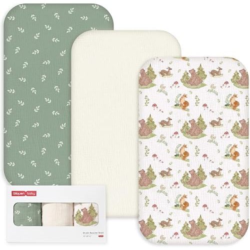 Gllquen Baby 3-Pack Muslin Cotton Bassinet Sheets, 33"x20" Bedside Sleeper - Green Bear