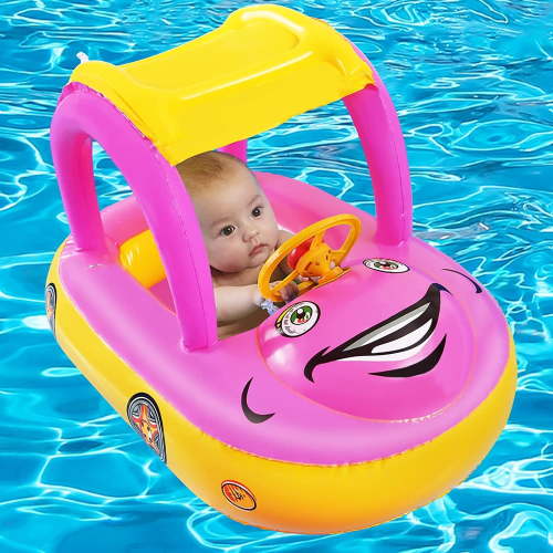 Inflatable Car Shape Pool Float with UPF50+ Removable Canopy - Family Swim Ring with Steering Wheel & Horn