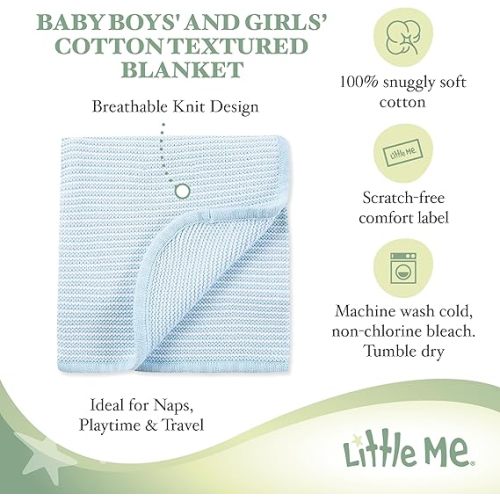 Little Me Knit Baby Blanket – 100% Soft Cotton, Snuggly and Breathable, Perfect as a Swaddle, Stroller Blanket or Nursery Decor for Boys and Girls, Blue Stripe, 30 x 40 Inches