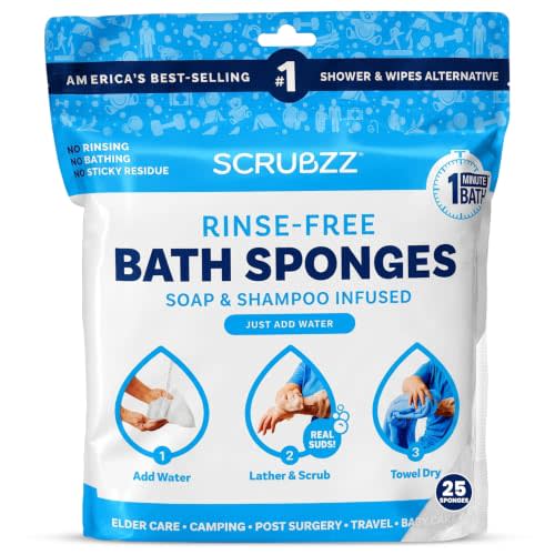 Scrubzz Disposable Rinse Free Bathing Wipes - 25 Pack - All-in-1 Single Use Shower Wipes, Simply Dampen, Lather, and Dry Without Shampoo or Rinsing