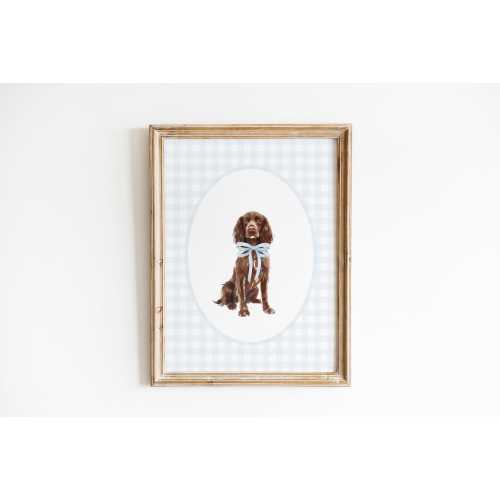 Boykin Spaniel Nursery Decor, Watercolor Dog Nursery Print, Baby Boy Nursery, Blue Gingham Wall Print, Classic Bow Nursery, Puppy Nursery
