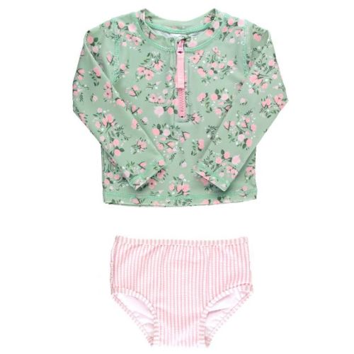 RuffleButts Girls Long Sleeve Zipper Rash Guard 2-Piece - Tea Roses, Size : 3-6 Months