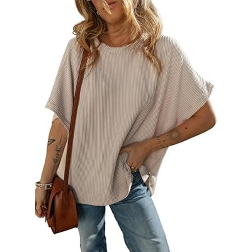 Dokotoo Women's Casual Oversized Short Sleeve Solid Color Loose Texture Knit Tunic Tops Blouses